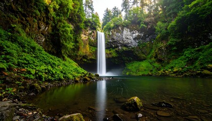 Serene waterfall cascading into a calm pool, surrounded by lush greenery and moss-covered rocks