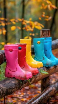 A collection of colorful rain boots, lined up on a wooden fence post. The vibrant hues suggest they are meant for children to provide both style and protection from the rain.
