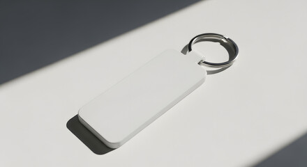 A white rectangular keychain mockup with a key ring, presented in a clean, minimalist style with sunlight and shadow.