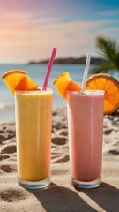 Vibrant yellow and pink fruit smoothies in tall glasses on a sunny beach. Refreshing summer drinks with orange slices and straws, perfect for a tropical vacation getaway.