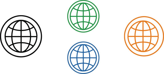 A set of four stylized globe icons in black, green, blue, and orange, representing global concepts.