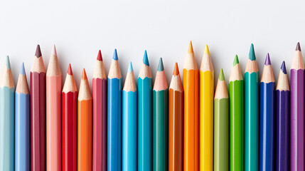 A row of sharpened colored pencils in various vibrant colors arranged on a white background.