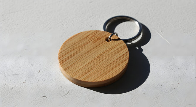 Minimalist circular bamboo key fob with a metallic ring. A blank, natural wood tag for engraving or personalization, shown in sunlight.