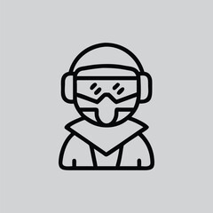 Icon of a person wearing protective gear with goggles and mask on gray background figure illustration