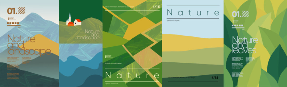 Nature and landscape. Vector geometric modern illustration of mountains, houses and tower, village, eco farm, agriculture, fields, top view, leaf pattern for poster, background or print