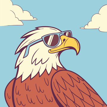 Cool cartoon bald eagle wearing sunglasses looking up at the sky