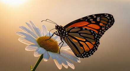 Fototapeta premium Monarch butterfly resting on a daisy flower against bright sky