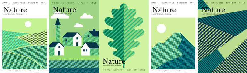 Plakat Nature and landscape. Vector modern geometric illustration of mountain, houses and tower, village, eco farm, agricultural fields, top view, line art, oak leaf, for poster, background or cover