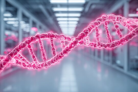 Glowing DNA helix in a modern data center with concept of genetics and science.
