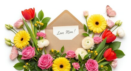 Floral Mothers Day Greeting Card with Colorful Spring Flowers Bouquet and a Note Saying Love Mom on a White Background