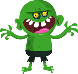 Cartoon funny green zombie. Halloween vector illustration of zombie creature.