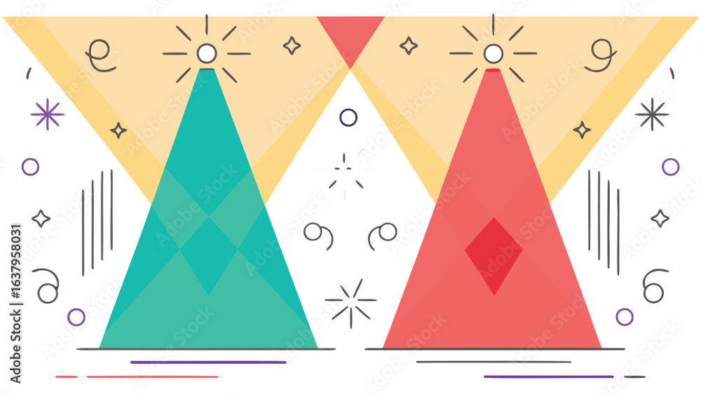 Poster geometric design featuring two triangles green and red with light beams and decorative elements arou