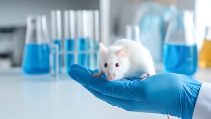 Researcher holding a white mouse in a lab with scientific experiment research concept. - Powered by Adobe