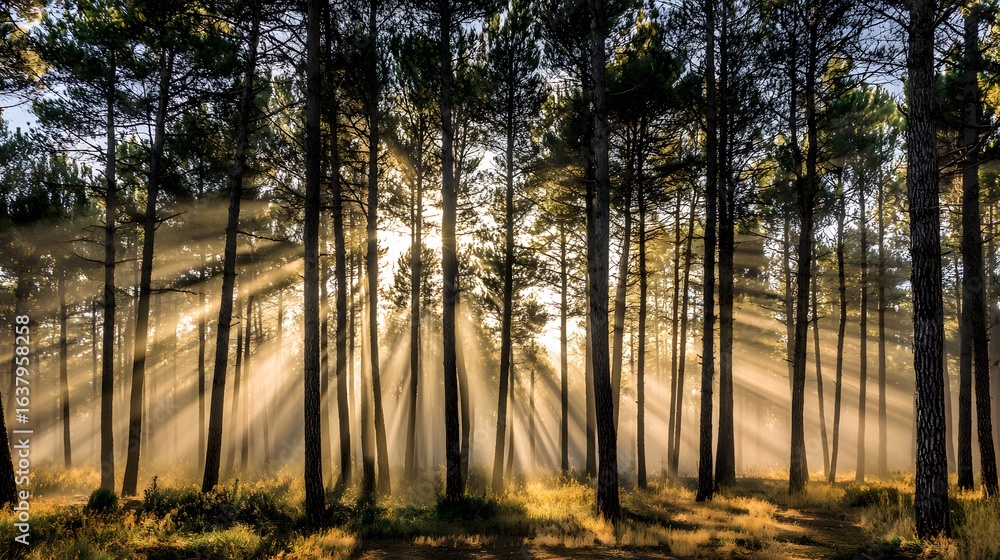 Poster sunlight streams through a dense forest.