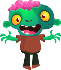 Cartoon funny green zombie. Halloween vector illustration of zombie creature.