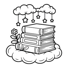Books with Clouds Coloring Page: Cute & Cozy Coloring Book for Relaxation and Creativity. Easy, line art vector illustration, Coloring Pages for Kids & Adults © jahida3