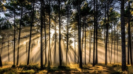 Obraz premium Sunlight streams through a dense forest.