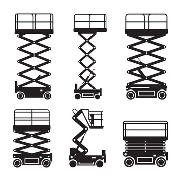 set of scissor lift machine. Vector black silhouette. with white background.
