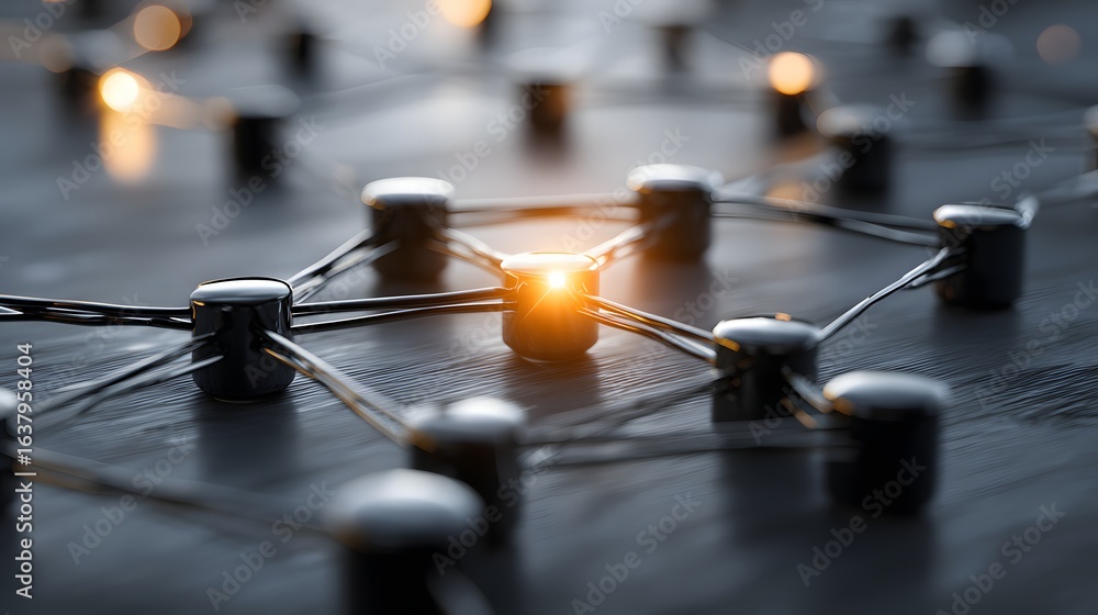Poster close-up view of a network of interconnected metallic nodes.