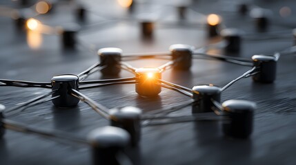 Close-up view of a network of interconnected metallic nodes.