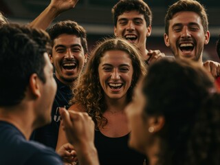 A group of joyful young adults, including men and a woman with curly hair, captured mid-laugh, conveying happiness, camaraderie, and a lively social