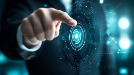 business, technology and internet concept - businessman pressing button on virtual screens