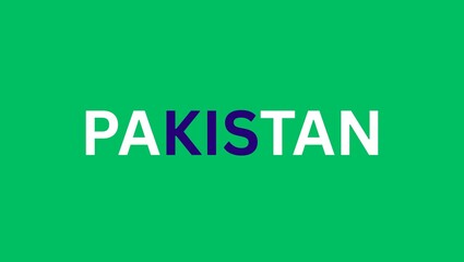 The word pakistan in white and blue letters against a green background in a simple graphic design