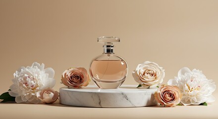 A glass perfume bottle on a marble podium, elegantly arranged with fresh white and pink peonies and roses.