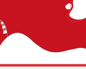 Red background with white, wavy shapes at the bottom and a partial striped object on the left.