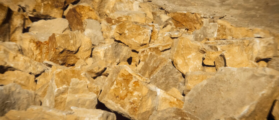 Panorama, extraction of crushed stone from rock large stones.