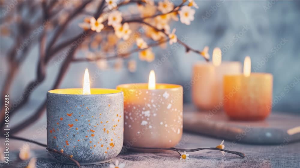 Poster a table with four candles in different colored cups. the candles are lit and the cups are placed on 