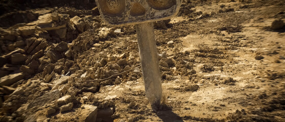 Panorama, the work of hydraulic hammer on the rock in the quarry