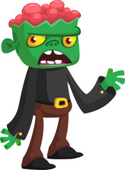 Cartoon funny green zombie. Halloween vector illustration of zombie creature.