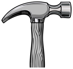 A classic gray metallic claw hammer with a wooden handle, essential construction tool illustration