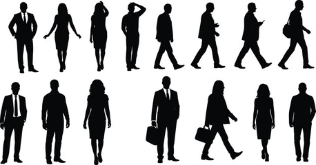 Silhouettes of business people, walking, standing, carrying briefcases, in suits and dresses, ideal for corporate, office, professional themes
