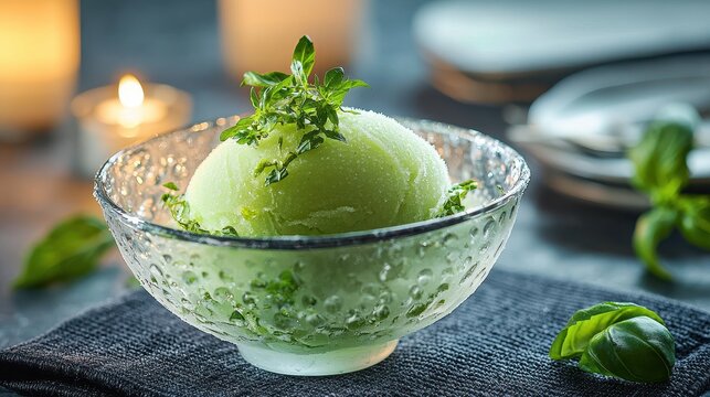 Elegant sorbet intermezzo with fresh basil garnish in crystalline textured bowl, premium green frozen dessert with moisture droplets in upscale restaurant setting