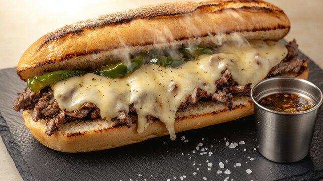 Philly cheesesteak with melted yellow cheese, sautГ&copy;ed green peppers and thin sliced beef on seeded roll with dipping sauce