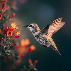 Obraz premium Hummingbird and Blossom: A mesmerizing close-up of a hummingbird delicately sipping nectar from a vibrant orange blossom. This image evokes a sense of wonder and the beauty of nature.