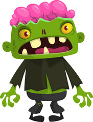 Cartoon funny green zombie. Halloween vector illustration of zombie creature.