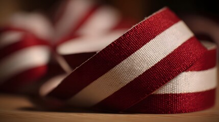 Close-up of a rolled fabric ribbon with red and white stripes.