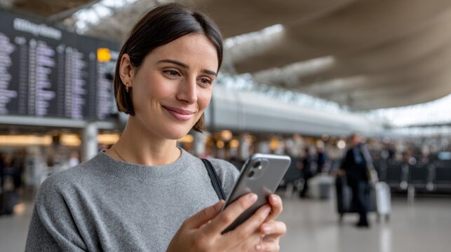 A woman smiles while checking her smartphone in a bustling airport terminal, surrounded by fellow travelers and departure screens. She appears eager and ready for her upcoming adventure.