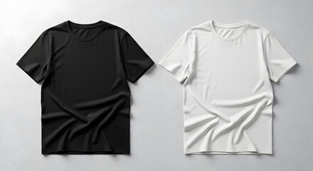Blank black and white t-shirt mockup duo on a light gray surface. Clean, simple apparel template for design presentation.