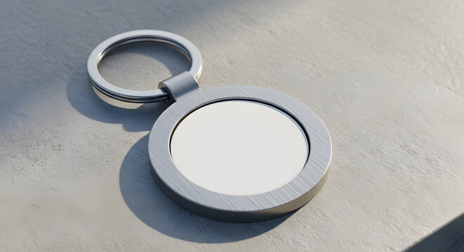 Blank round metal keychain mockup for logo branding on a concrete surface. Realistic 3D render of a circular keyring template.