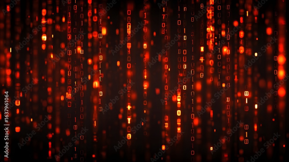 Poster abstract digital binary code background in vibrant orange hues.