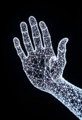 Digital particles network forming a shape of human hand, enhance, with white tones
