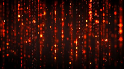 Abstract digital binary code background in vibrant orange hues.