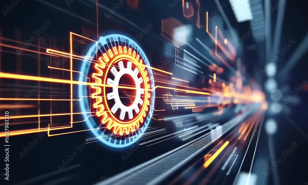 Poster abstract digital background with gears and lights, symbolizing the flow of data in an online platfor