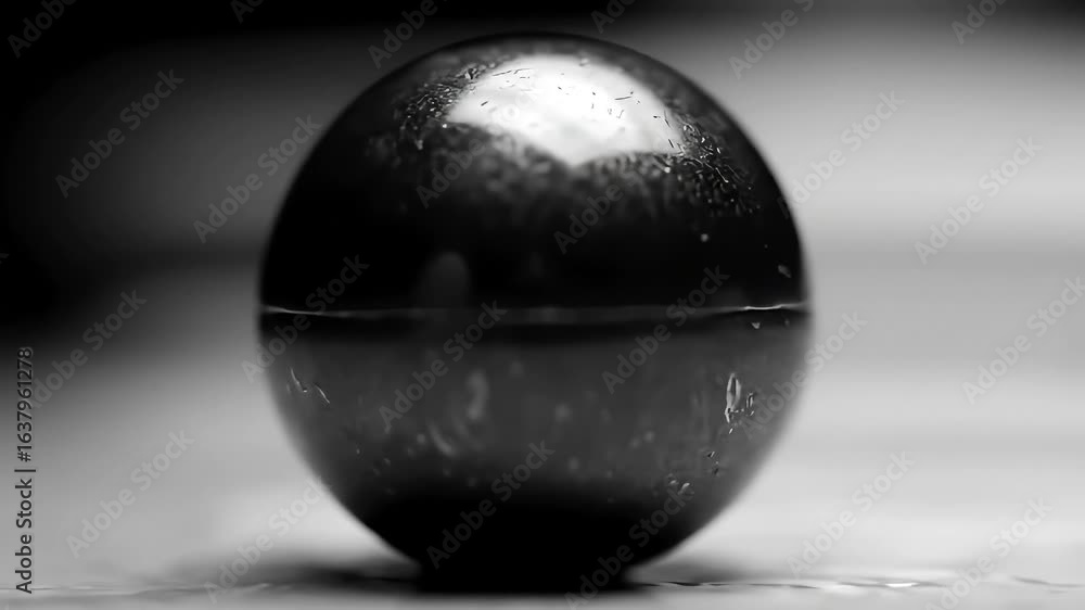 Poster close-up of a textured sphere on surface, dark background, abstract design