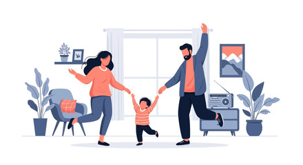 Adobe Illustrator artwork vector illustration of a joyful family dancing together in a cozy living room, surrounded by plants, furniture, and warm decor—perfect for parenting and lifestyle themes