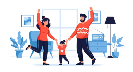 Adobe Illustrator artwork vector illustration of a joyful family dancing together in a cozy living room, surrounded by plants, furniture, and warm decor—perfect for parenting and lifestyle themes